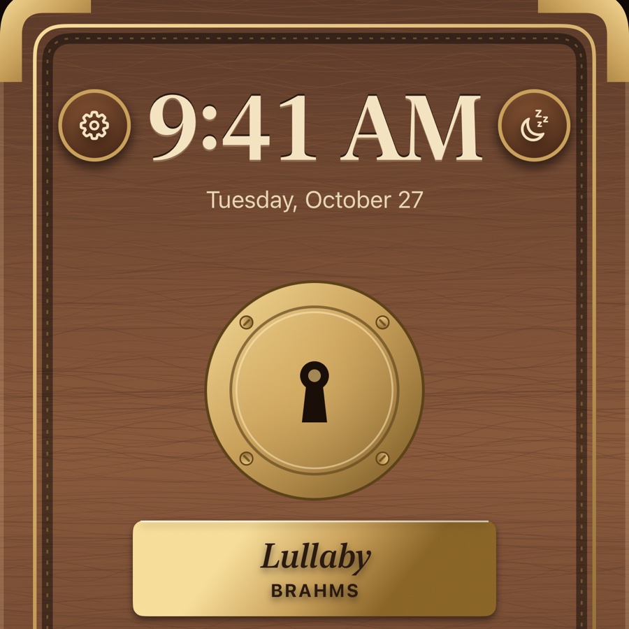 The closed walnut lid with a brass keyhole, clock and nameplate